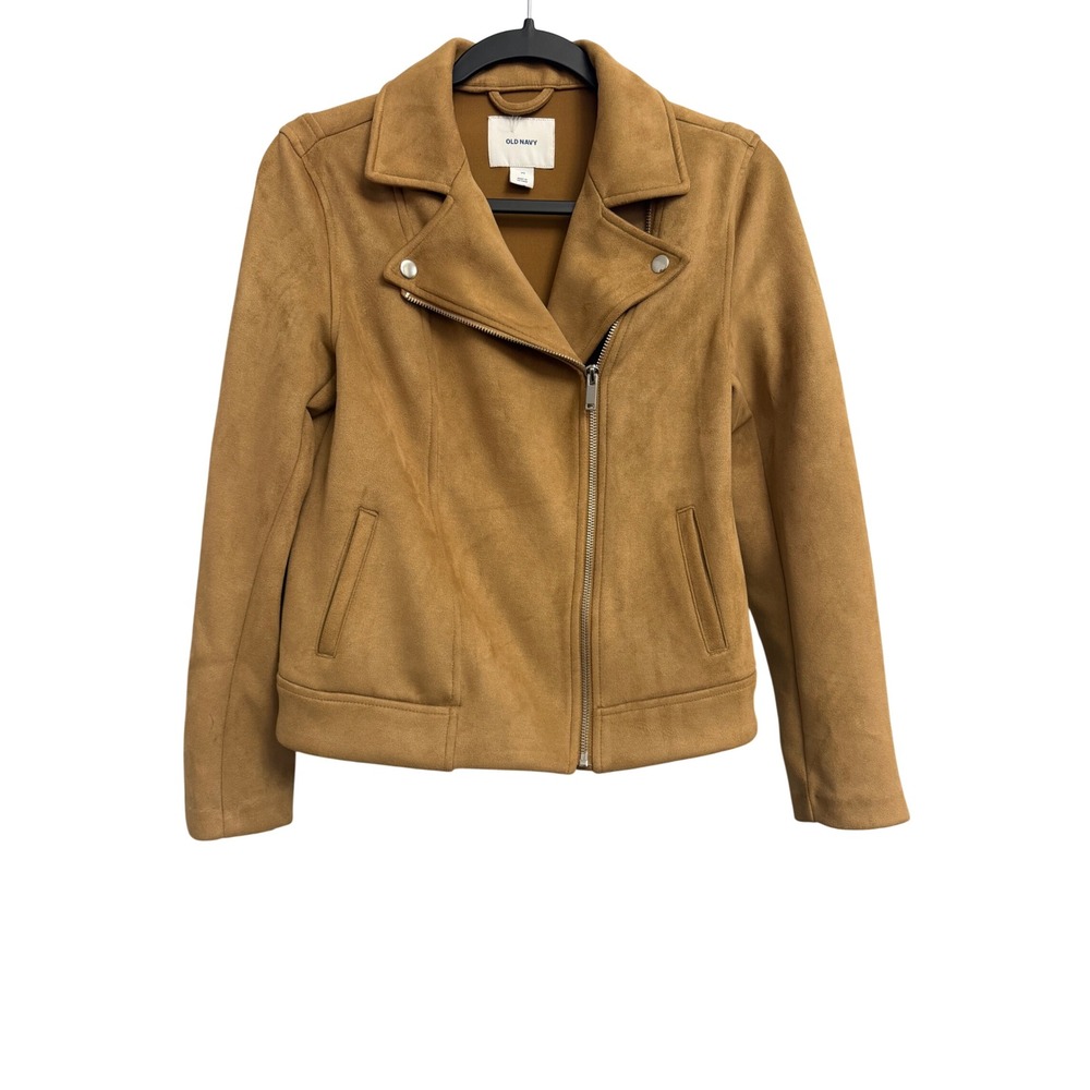 Old Navy Womens Faux Suede Moto Jacket Camel Tan XS Biker Asymmetrical Zip Y2K